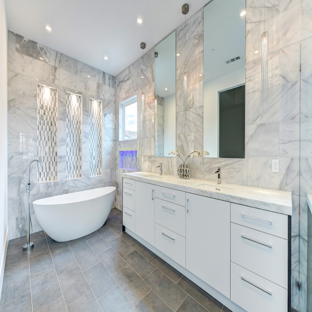 gray and white bathroom