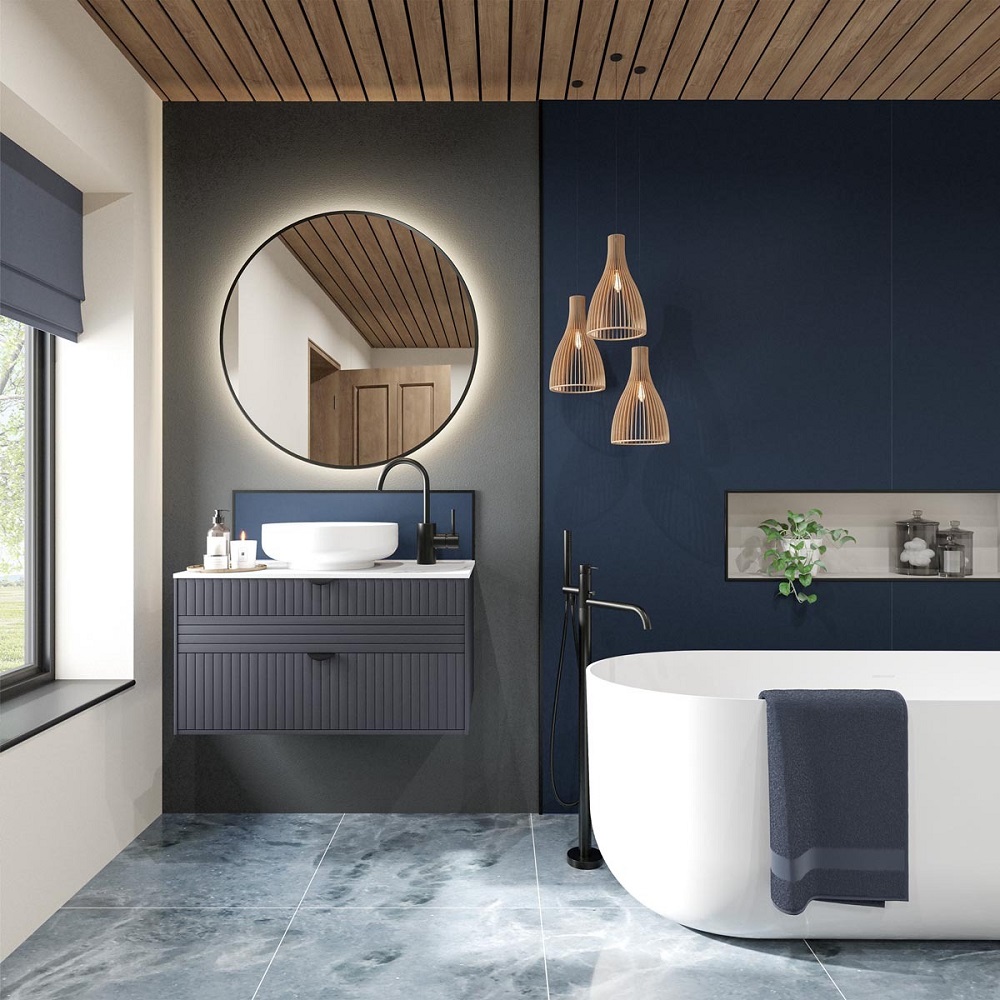 dark blue bathroom